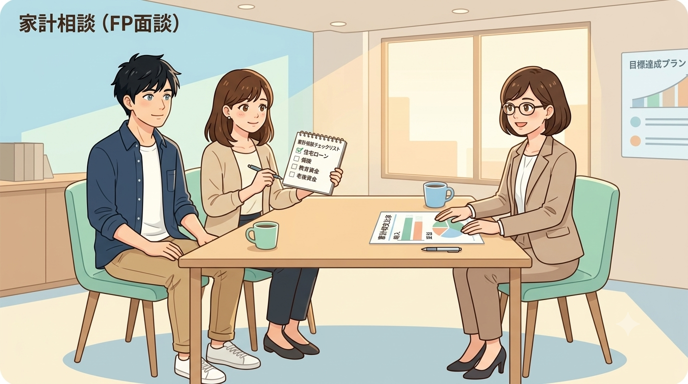 図解：FP相談で質問リストを手にした共働き夫婦