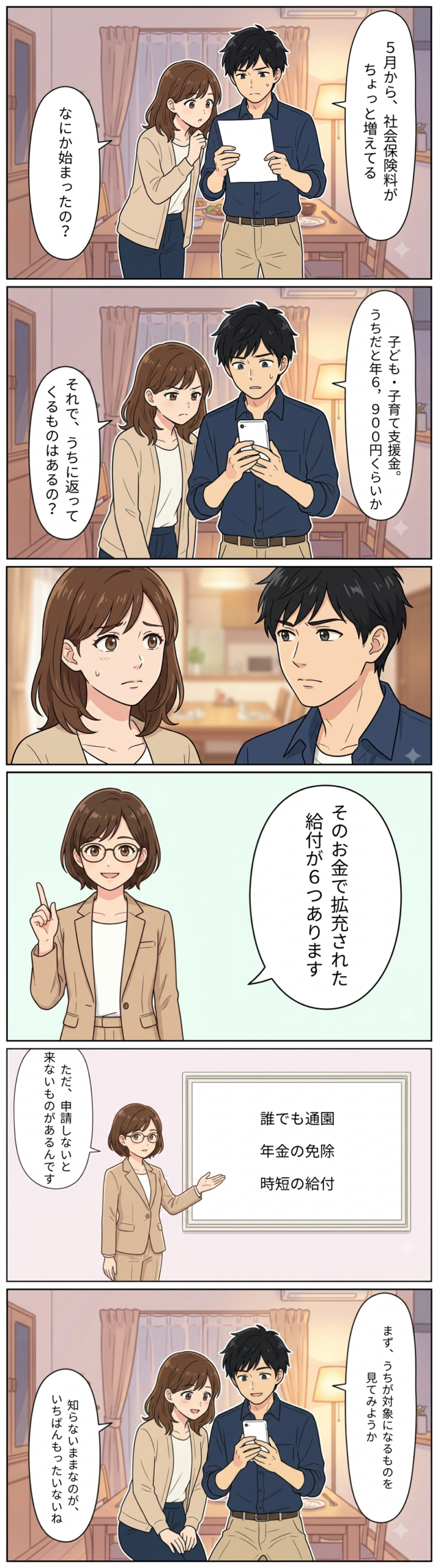 導入漫画：子ども・子育て支援金の負担と給付を夫婦とFPが整理する